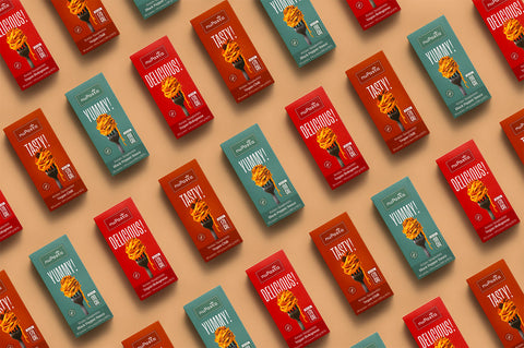 Pattern of nuPasta meal kits on a beige background
