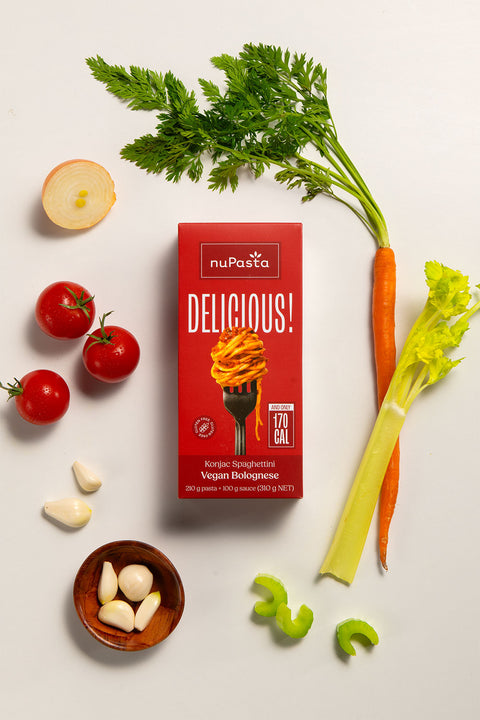 nuPasta Vegan Bolognese meal kit box with vegetables on a light background