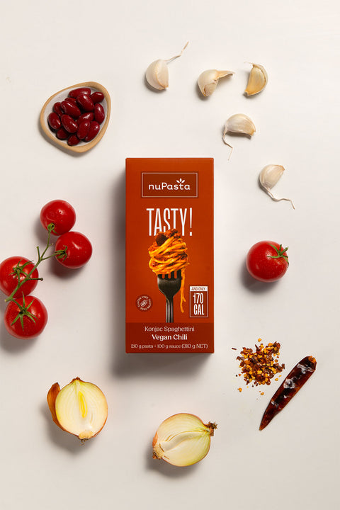 nuPasta Vegan Chili meal kit with vegetables on a light background